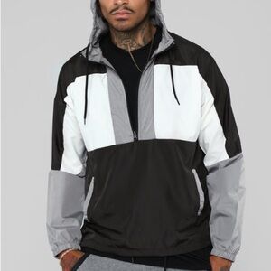 Men's Black White and Gray Hooded Hoodie Nylon Track Jacket Zipper XL